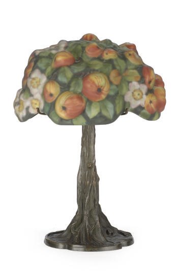 A PATINATED BRONZE AND REVERSE PAINTED 'APPLE BLOSSOM' TABLE LAMP,