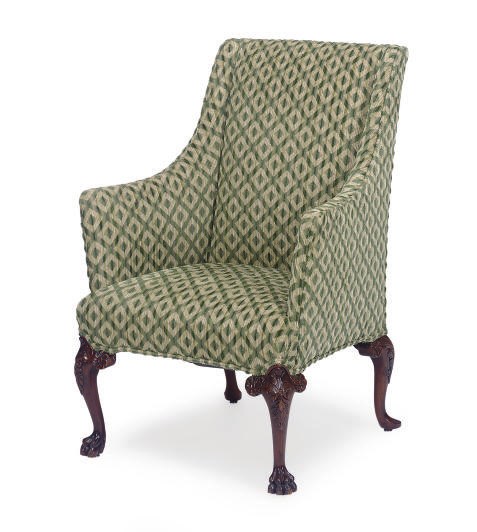 AN ENGLISH MAHOGANY AND UPHOLSTERED ARMCHAIR,