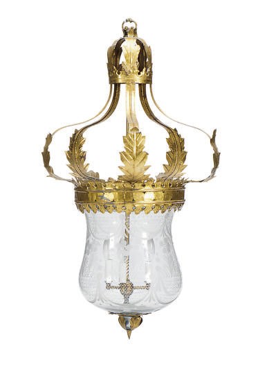 A CONTINENTAL GILT-METAL AND ETCHED GLASS HANGING LANTERN,