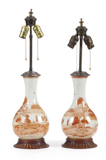A PAIR OF CHINESE EXPORT PORCELAIN IRON RED DECORATED VASES MOUNTED AS TABLE LAMPS,