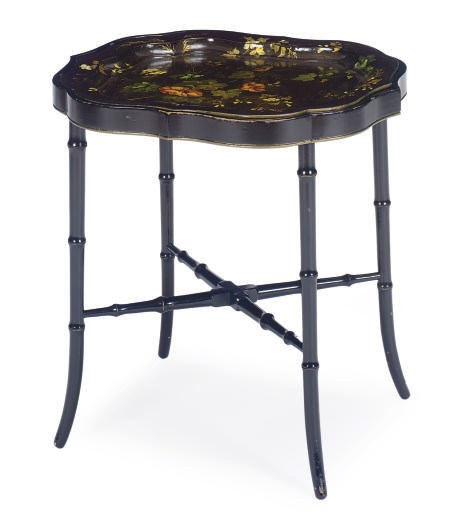 A VICTORIAN PAPIER MACHE TRAY-ON-LATER-STAND,