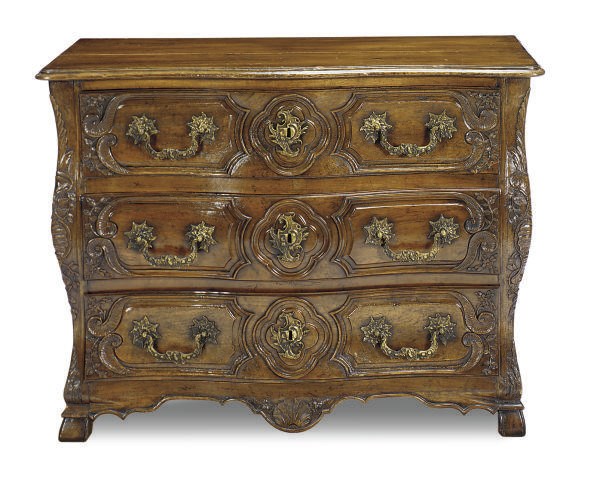 A LOUIS XV PROVINCIAL WALNUT BOMBE COMMODE,
