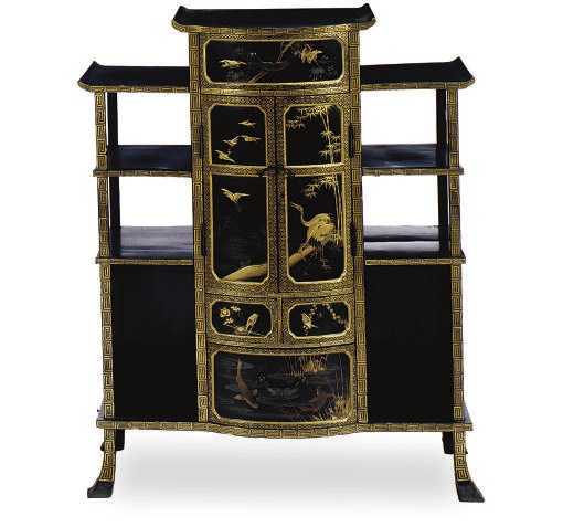 A JAPANESE BLACK LACQUERED AND GILT-DECORATED SIDE CABINET,