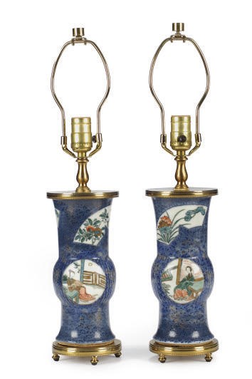 A PAIR OF CHINESE PORCELAIN POWDER-BLUE VASES MOUNTED AS TABLE LAMPS,
