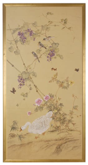 THREE FRAMED JAPANESE WALLPAPER PANELS