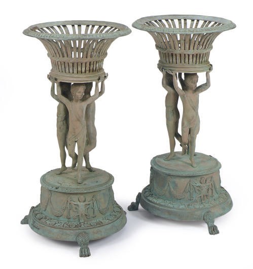 A PAIR OF GREEN PATINATED BRONZE JARDINERES,