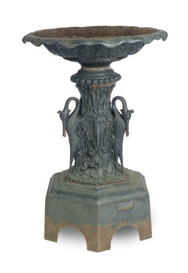 A PAIR OF GREEN CAST-IRON JARDINIERES,