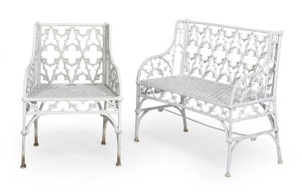 A SUITE OF VICTORIAN WHITE-PAINTED CAST-IRON SEAT FURNITURE,
