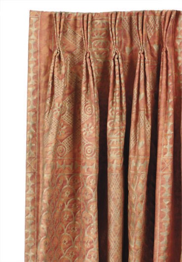 THREE PAIRS OF FORTUNY BURNT RED AND GOLD PATTERN CURTAINS,