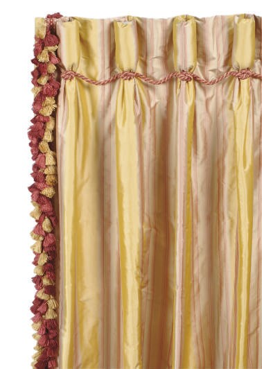 FOUR PAIR OF SILK TAFFETA GOLD, ROSE, AND BEIGE STRIPED CURTAINS,
