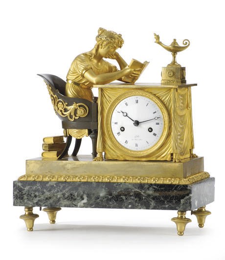 A DIRECTOIRE PATINATED BRONZE, ORMOLU AND MARBLE FIGURAL MANTELCLOCK, 'A LA LECTURE',