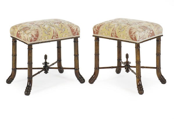 A PAIR OF EDWARDIAN BEECHWOOD FAUX BAMBOO STOOLS,