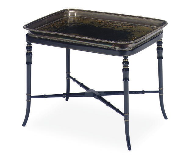 AN EDWARDIAN SILVER-PLATE AND PAPIER MACHE SERVING TRAY,