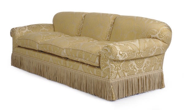 A GOLD DAMASK UPHOLSTERED SOFA