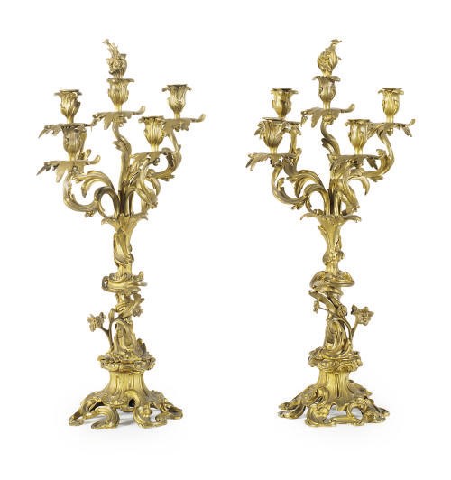 A PAIR OF FRENCH GILT-BRONZE FIVE-LIGHT CANDELABRA,