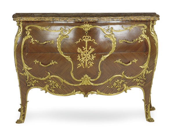 A FRENCH ORMOLU-MOUNTED KINGWOOD MARBLE TOP COMMODE,
