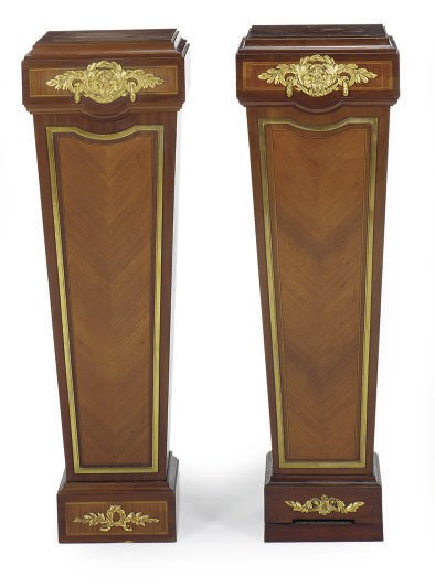 A NEAR PAIR OF FRENCH GILT-BRONZE MOUNTED KINGWOOD AND MAHOGANY PEDESTALS,