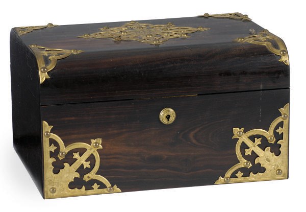 A VICTORIAN BRASS MOUNTED MACASSAR EBONY WORK BOX,
