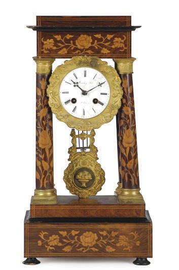 A NORTH EUROPEAN GILT-BRONZE, ROSEWOOD AND MARQUETRY PORTICO CLOCK**,