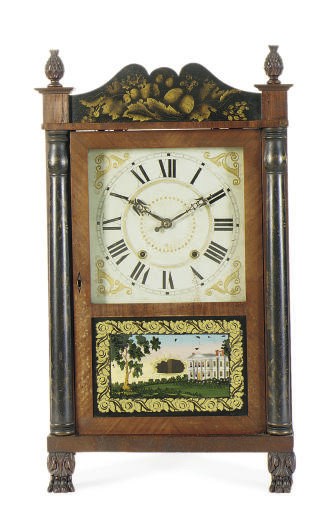 AN AMERICAN CLASSICAL MAHOGANY AND EGLOMISE MANTEL CLOCK,