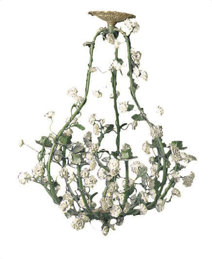 A LOUIS XV STYLE PORCELAIN-MOUNTED GREEN TOLE PEINTE SIX-LIGHT CHANDELIER,