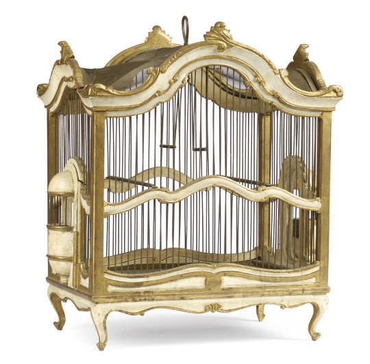 A CREAM-PAINTED AND PARCEL-GILT BIRDCAGE,