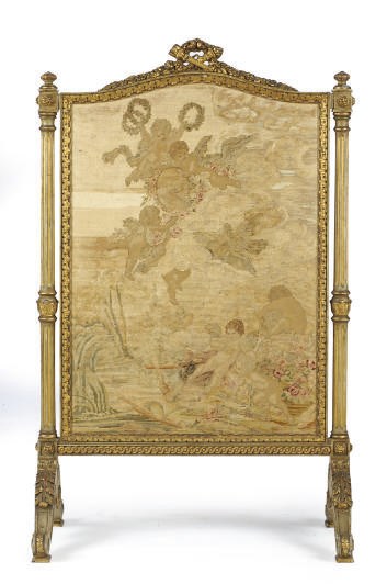 A FRENCH PAINTED AND PARCEL-GILT FIRESCREEN,