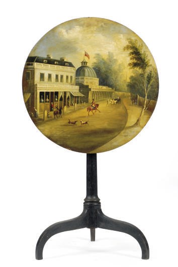 A CONTINENTAL PAPIER MACHE AND EBONIZED TILT-TOP TABLE,