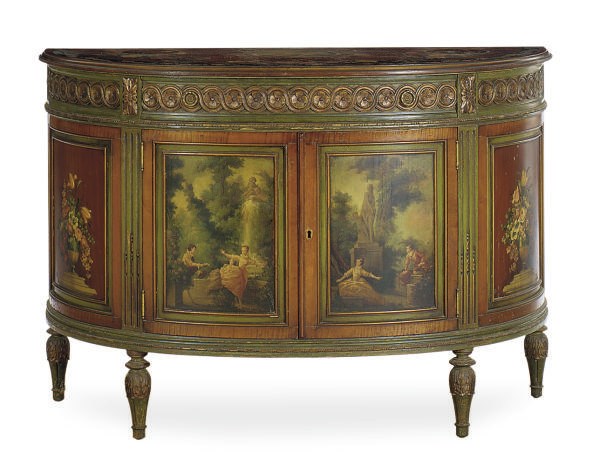 A MAHOGANY AND POLYCHROME PAINT-DECORATED DEMILUNE COMMODE,