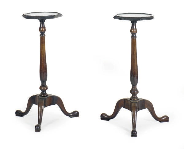 TWO INSET MIRROR TOP MAHOGANY TRIPOD STANDS,