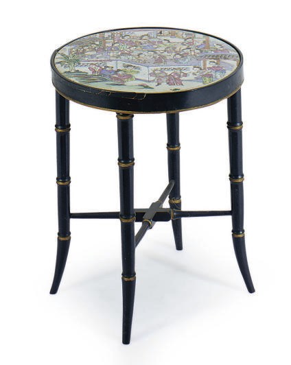 A CHINESE EXPORT PORCELAIN PLAQUE ON EBONIZED AND PARCEL-GILT STAND,