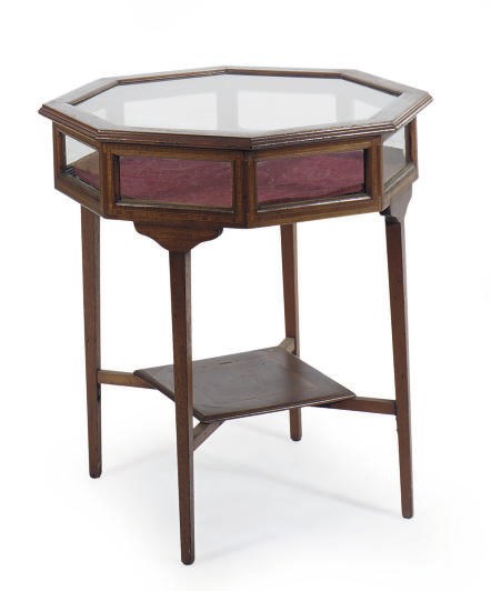 A VICTORIAN MAHOGANY AND SATINWOOD INLAID OCTAGONAL-FORM VITRINE TABLE,