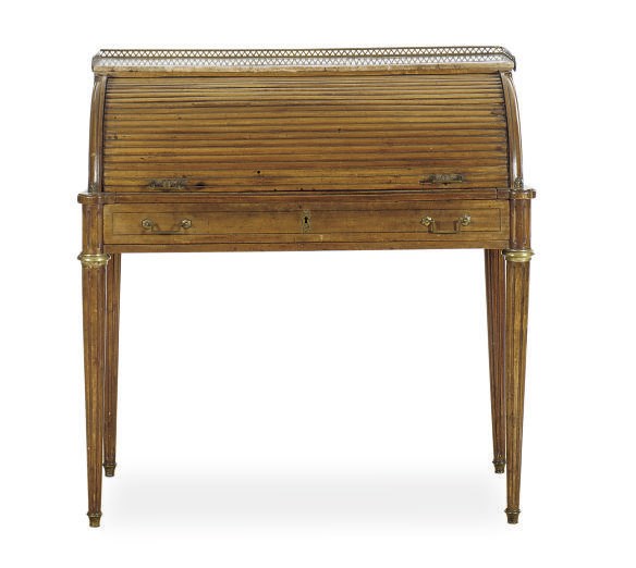 A FRENCH MAHOGANY AND MARBLE-TOP BUREAU A CYLINDRE,