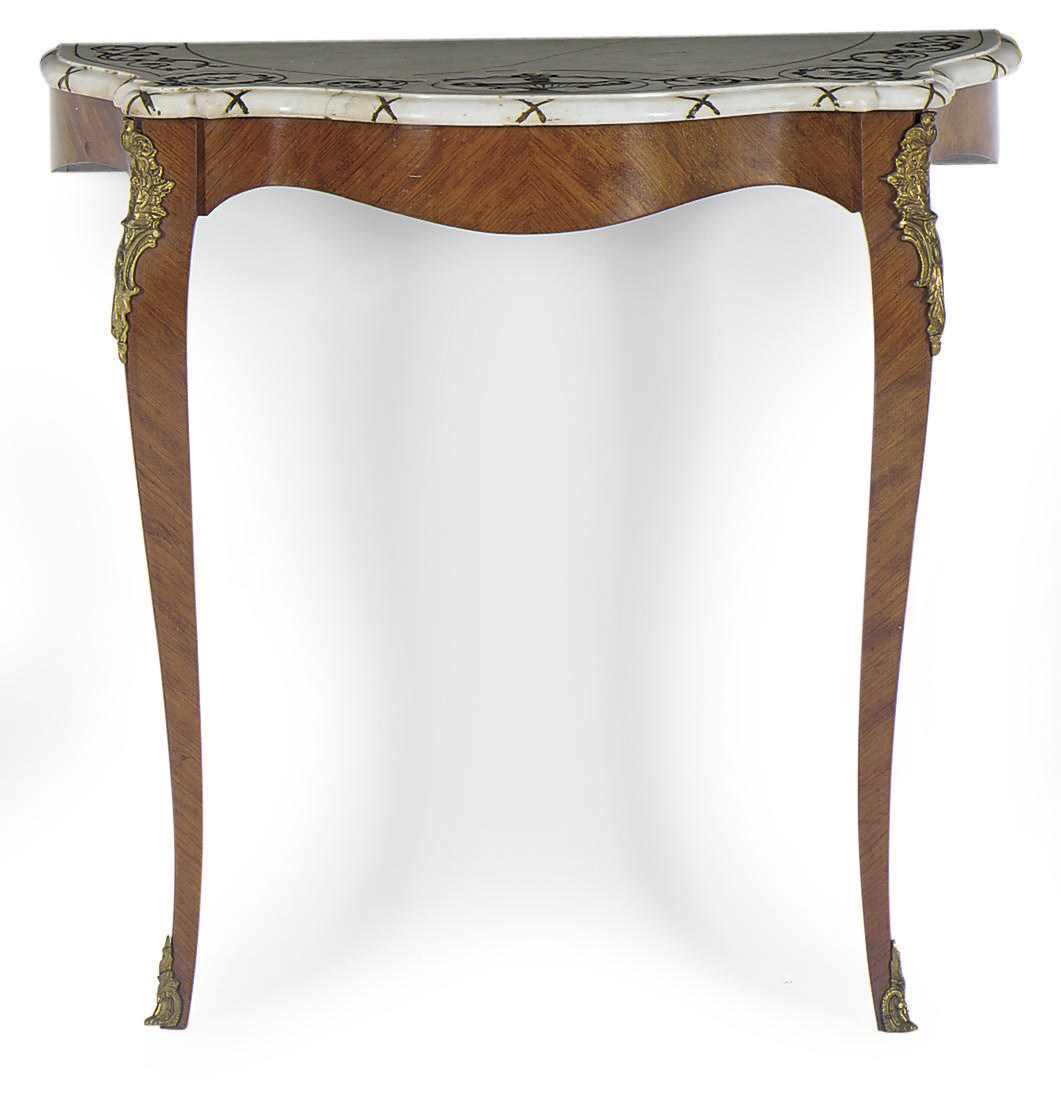 A PAIR OF FRENCH GILT-BRONZE MOUNTED KINGWOOD AND SCAGLIOLA MARBLE TOP SERPENTINE CONSOLE TABLES,