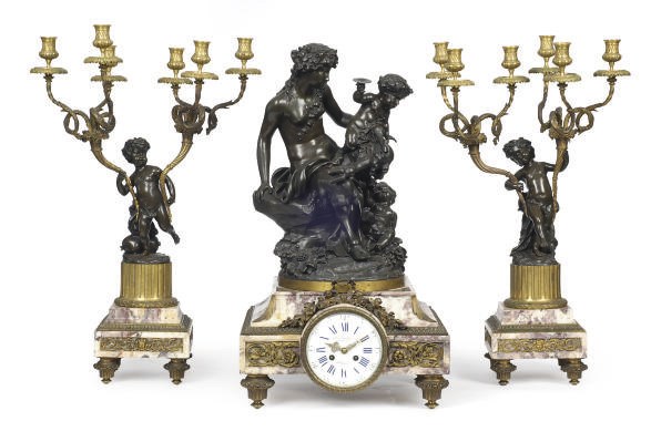 A NAPOLEON III PATINATED, GILT-BRONZE AND MARBLE FIGURAL CLOCK GARNITURE,