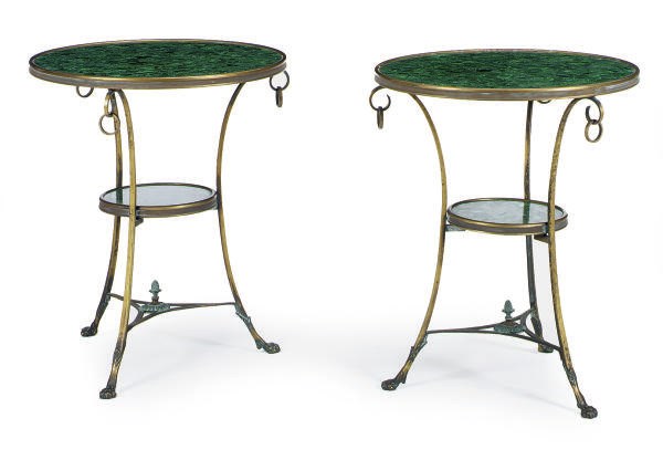 A PAIR OF PATINATED-METAL AND MALACHITE GUERIDONS,
