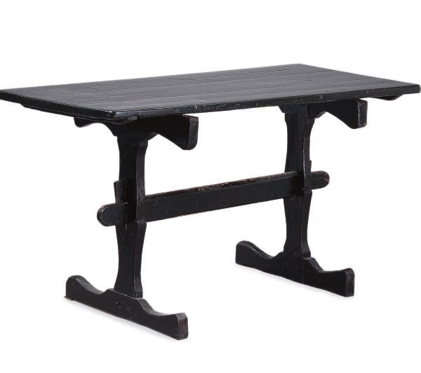 A BLACK PAINTED PINE TRESTLE TABLE,