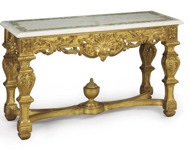 A CONTINENTAL GILTWOOD AND SCAGLIOLA CONSOLE TABLE,