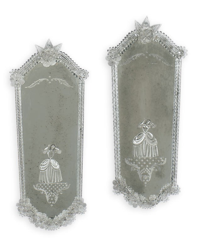 A PAIR OF VENETIAN ETCHED GLASS MIRRORS,