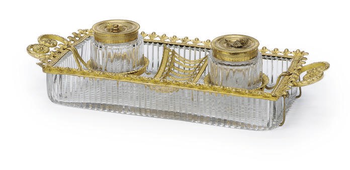 A FRENCH GILT-METAL AND CUT GLASS INK STAND,