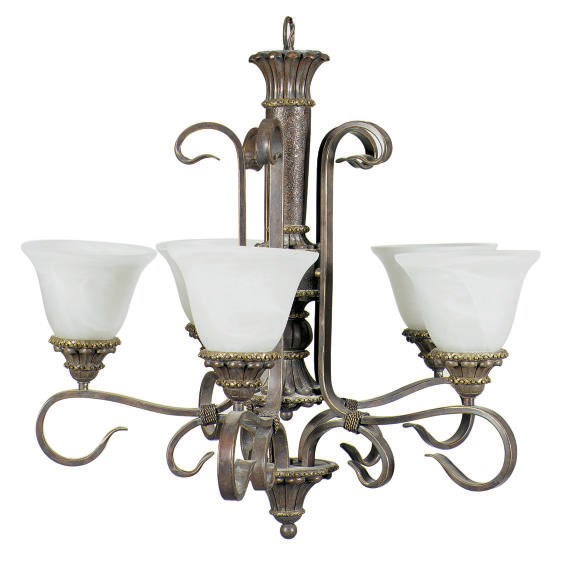 A PATINATED, GILT-METAL AND ALABASTER SIX-LIGHT CHANDELIER,