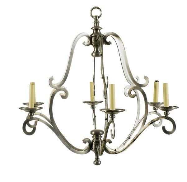 A PEWTER-FINISHED SIX-LIGHT CHANDELIER,