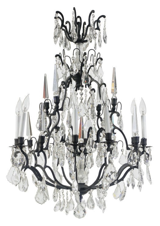 A PATINATED METAL AND CUT-GLASS EIGHT-LIGHT CHANDELIER,