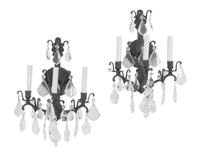 A SET OF EIGHT PATINATED METAL AND CUT-GLASS THREE-BRANCH WALL LIGHTS,
