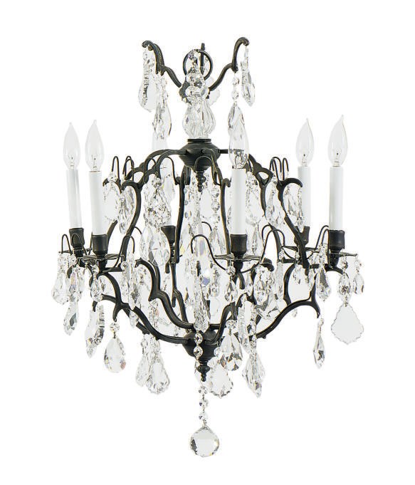 A PATINATED METAL AND CUT-GLASS SIX-LIGHT CHANDELIER,