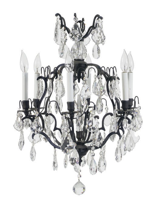A PAIR OF PATINATED METAL AND CUT-GLASS SIX-LIGHT CHANDELIERS,