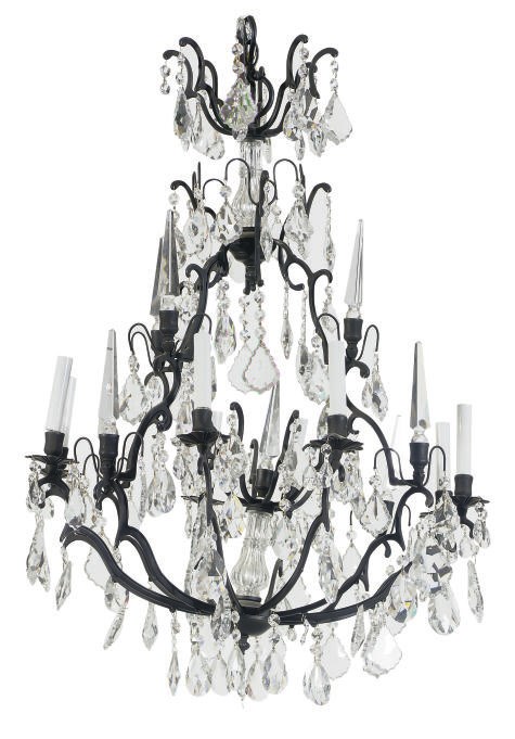 A PAIR OF PATINATED METAL AND CUT-GLASS EIGHT-LIGHT CHANDELIERS,