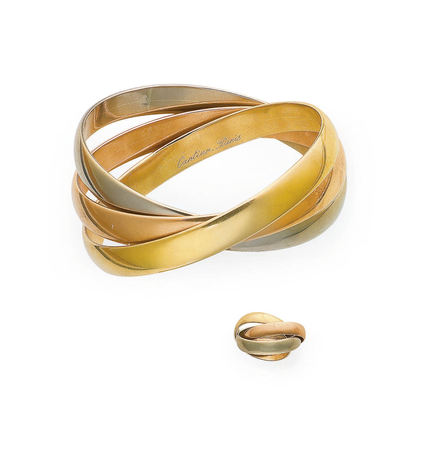 BRACELET TROIS ORS, PAR CARTIER ET BAGUE TROIS ORS EN SUITE