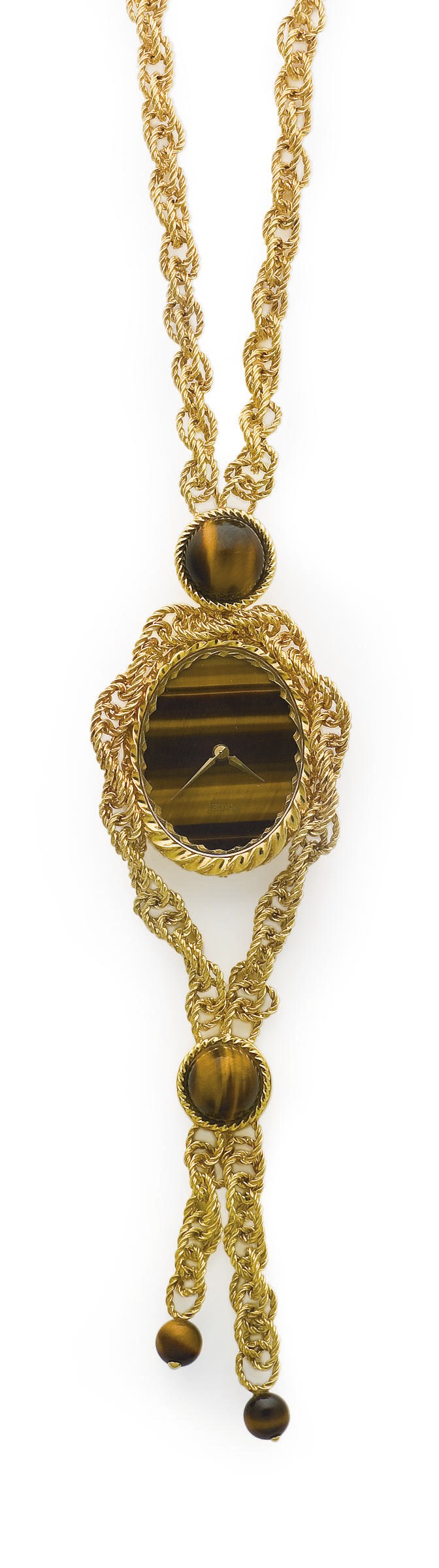 MONTRE SAUTOIR QUARTZ OEIL DE TIGRE ET OR, PAR PIAGET