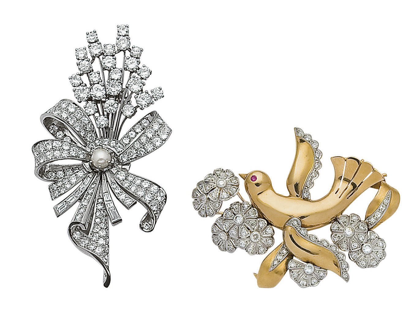BROCHE OISEAU RUBIS ET DIAMANTS ET BROCHE PERLE DE CULTURE ET DIAMANTS